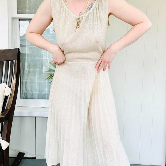 True vintage 1960s sheer gold Lurex pleated full slip dress / naked dress - M - Picture 3 of 4